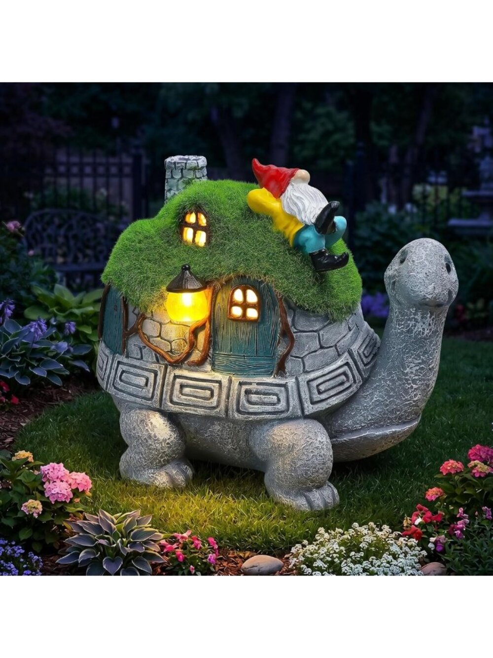 Solar Turtle Garden Statue with Gnome Lights - Outdoor Decor for Patio & Yard